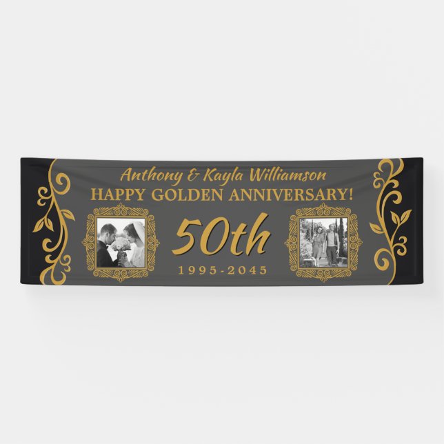 50. Hochzeit Jubiläum Ihre Fotos Gold Gray hinzufü Banner (Horizontal)