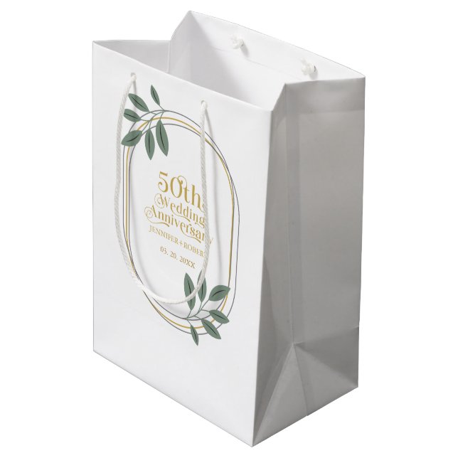 50. Hochzeit Jubiläum mit Grünrahmen Mittlere Geschenktüte (Rückseite Schrägansicht)
