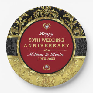50. Hochzeit Jubiläum Rotes Gold und Schwarz Pappteller