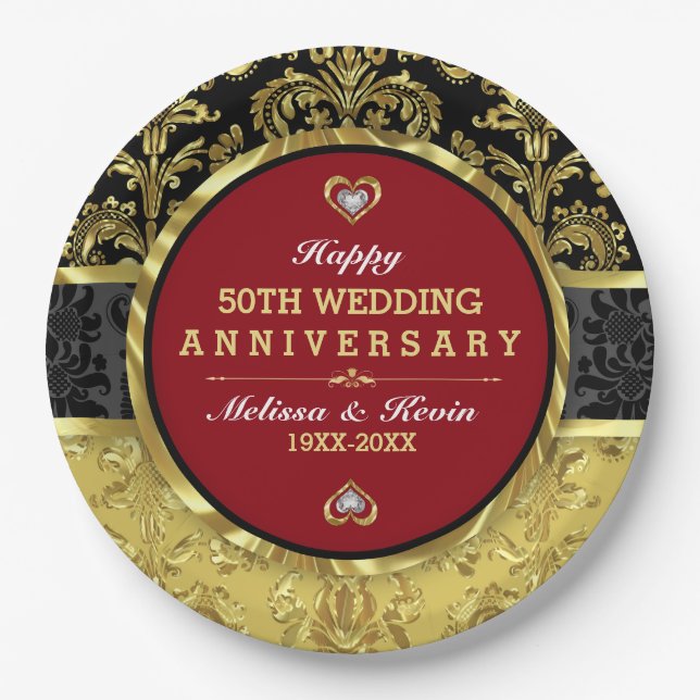 50. Hochzeit Jubiläum Rotes Gold und Schwarz Pappteller (Vorderseite)