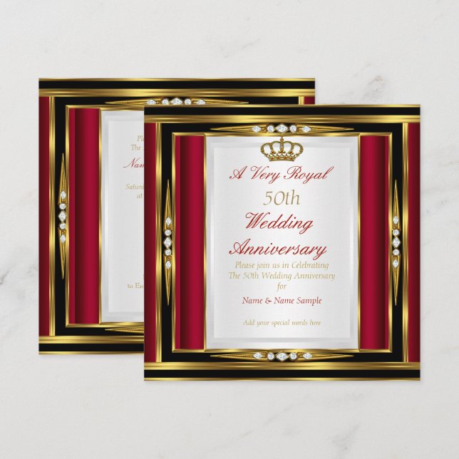 50. Hochzeit Jubiläum Royal Red Gold Crown Einladung (Vorne/Hinten)