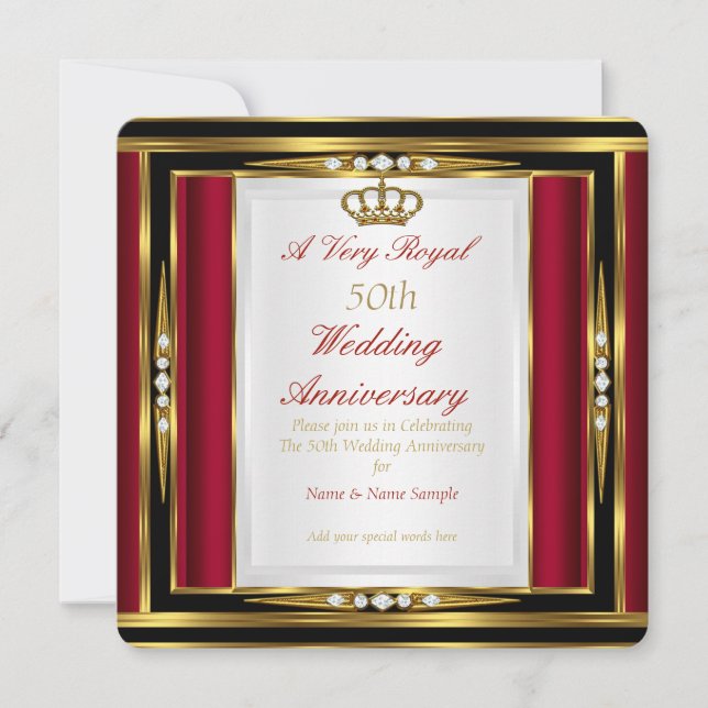 50. Hochzeit Jubiläum Royal Red Gold Crown Einladung (Vorderseite)