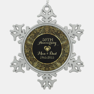 50. Hochzeit Jubiläum-Schwarz & Gold Floral Schneeflocken Zinn-Ornament