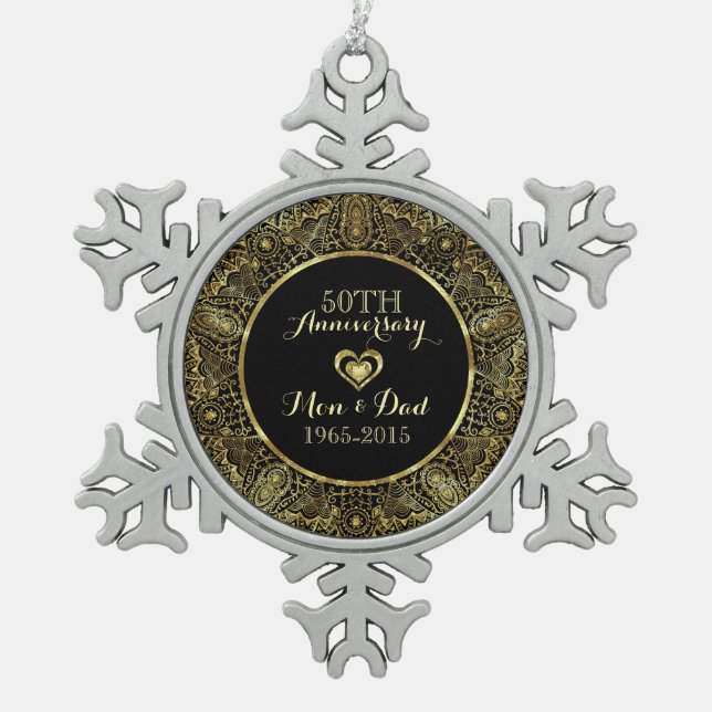 50. Hochzeit Jubiläum-Schwarz & Gold Floral Schneeflocken Zinn-Ornament (Vorderseite)