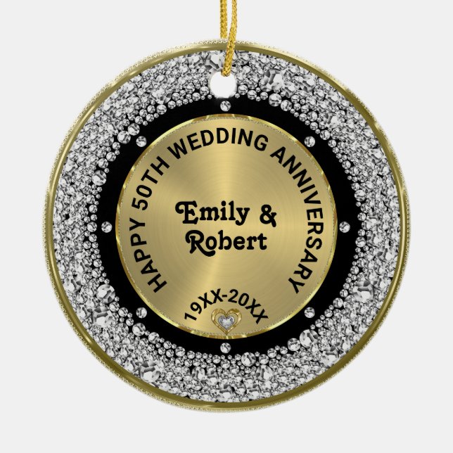 50. Hochzeit Jubiläum weiße Diamanten & Gold Keramik Ornament (Vorne)