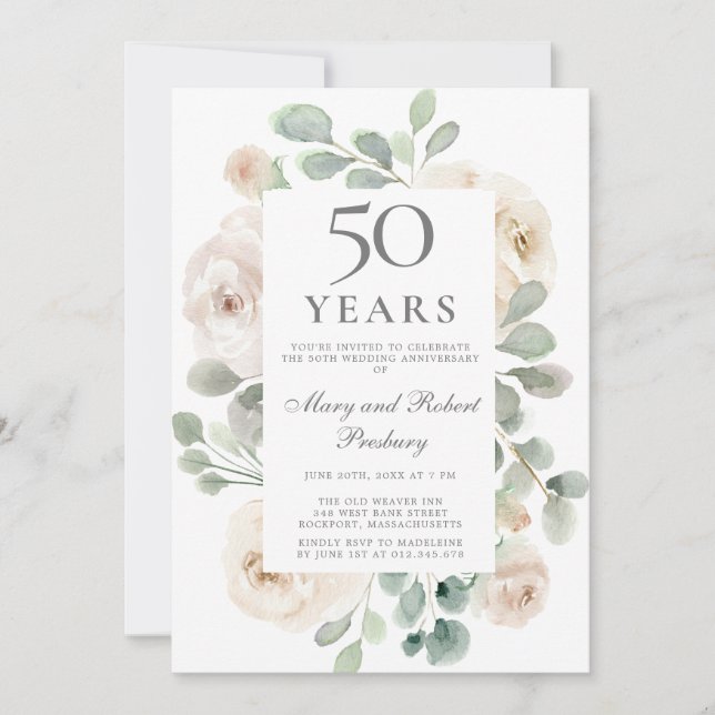 50. Hochzeit Jubiläum Weiße Rosenblüte Einladung (Vorderseite)