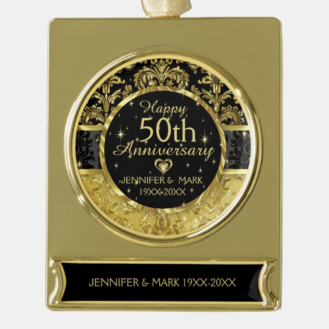 50. Hochzeit Jubiläumsschwarz und Gold Banner-Ornament Gold (Vorderseite)