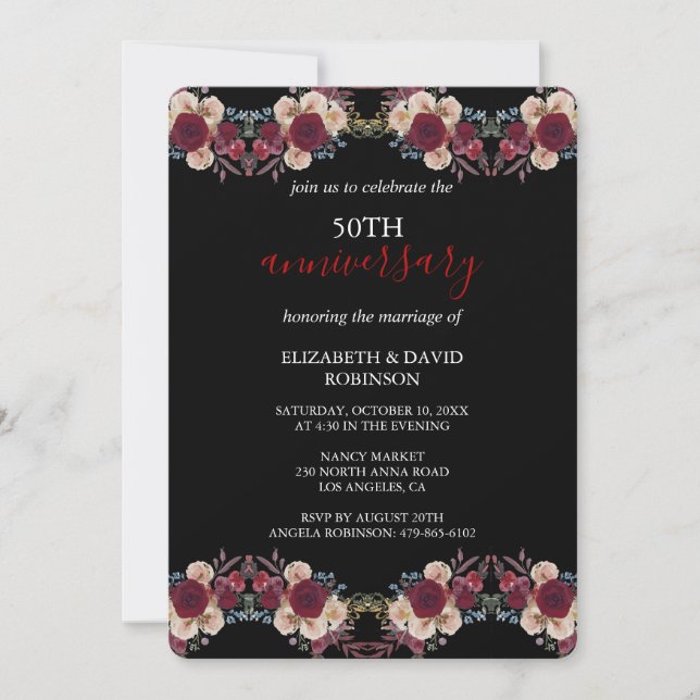 50. Hochzeit mit schwarz-weißem Blumen Einladung (Vorderseite)