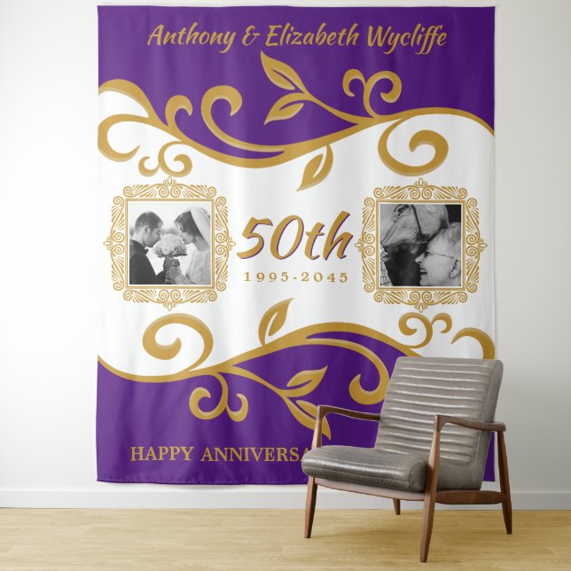 50. Hochzeitsfeier Ihre Fotos Lila Gold Wandteppich (Beispiel)