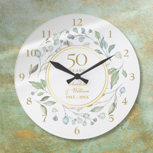 50. Hochzeitsjubiläum Florale Grünpflanzen Große Wanduhr