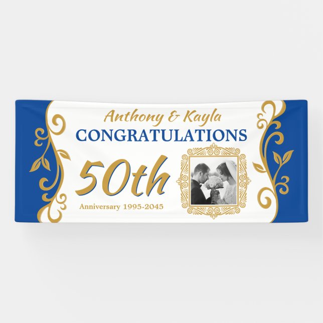 50. Hochzeitsjubiläum Foto Blue Gold hinzufügen Banner (Horizontal)