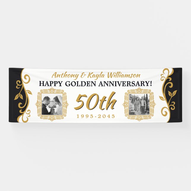50. Hochzeitsjubiläum Foto Gold Black Banner (Horizontal)