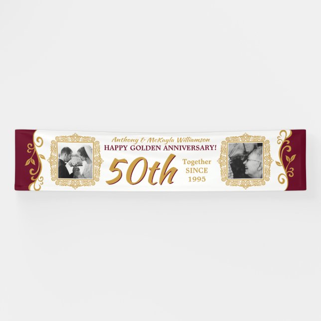 50. Hochzeitsjubiläum Fotos Rotes Gold hinzufügen Banner (Horizontal)