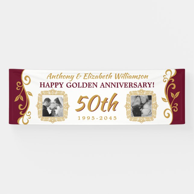 50. Hochzeitsjubiläum Fügen Sie Ihre Fotos Red Gol Banner (Horizontal)