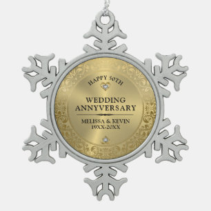 50. Hochzeitsjubiläum Glänzender floraler goldener Schneeflocken Zinn-Ornament