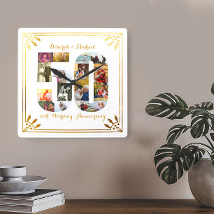 50. Hochzeitsjubiläum Gold Art Deco Foto Quadratische Wanduhr