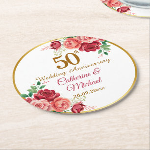 50. Hochzeitsjubiläum Goldrahmen Blumen Runder Pappuntersetzer