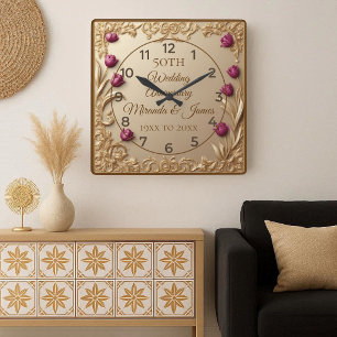 50. Hochzeitsjubiläum Opulenter Barock-Tulpenrahme Quadratische Wanduhr