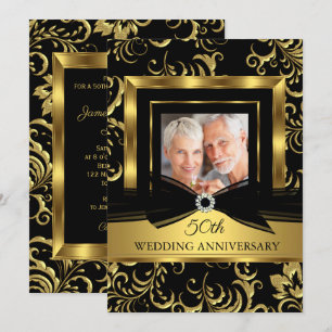 50. Hochzeitsjubiläum Schwarz Gold Damast Foto Einladung