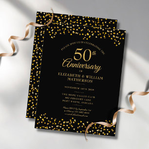 50. Hochzeitsjubiläum Schwarze Goldene Herzen  Einladungspostkarte