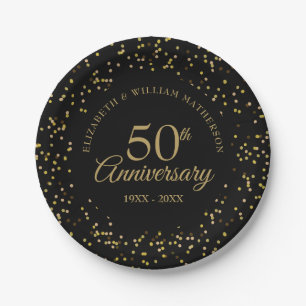 50. Hochzeitsjubiläum Schwarzes Goldstaub-Konfetti Pappteller