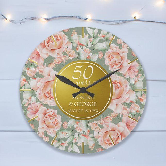 50. Hochzeitssaison Wasserfarben-Blütengoldfarben Große Wanduhr (50th Wedding Anniversary Watercolor Floral Gold Large Clock)