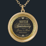 50. Hochzeitstag Black Gold & Diamonds Vergoldete Kette<br><div class="desc">Eleganter 50. Hochzeitstag Gold und Diamanten Glitzer drucken auf schwarzem Hintergrund. Gold tönt Rundrahmen. Anpassbare Namen und Jahre.</div>