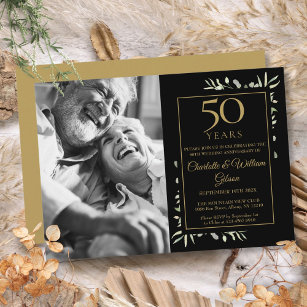 50. Hochzeitstag Black Gold Greenery Foto Einladung