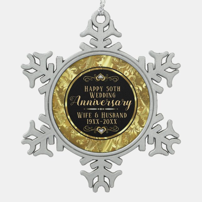 50. Hochzeitstag Black & Gold Schneeflocken Zinn-Ornament (Vorderseite)