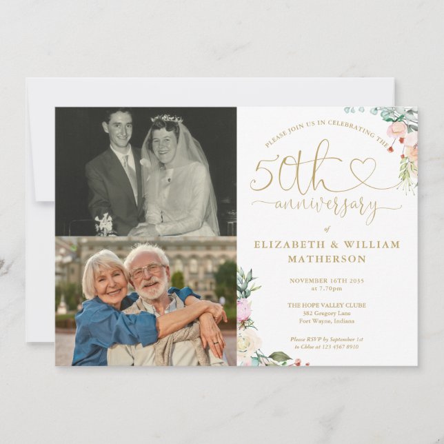 50. Hochzeitstag Blumenmonogramm 2 Fotos Einladung (Vorderseite)