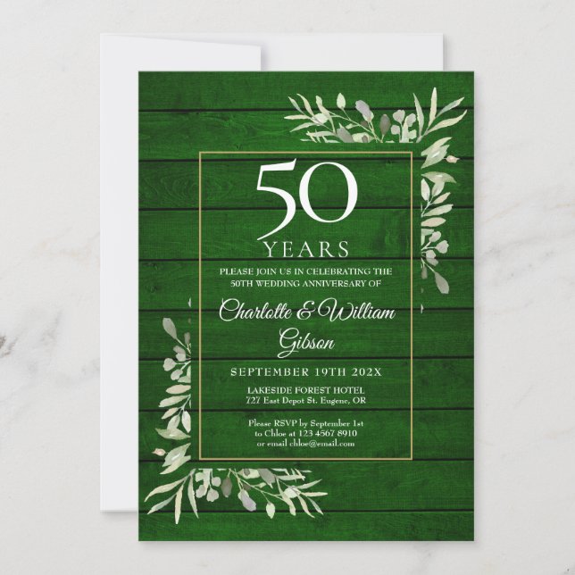 50. Hochzeitstag Blumenwald Rustikales Grünholz Einladung (Vorderseite)