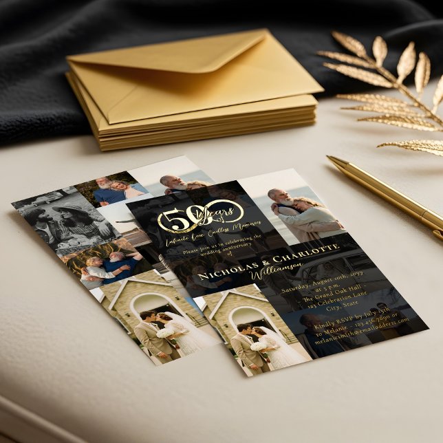 50. Hochzeitstag Dann & Jetzt FotoCollage Folieneinladung (50th Wedding Anniversary Then & Now Photo Collage Foil Invitation (Front & Back))