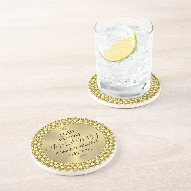 50. Hochzeitstag Diamanten und Goldverzierungen Getränkeuntersetzer (Seite)