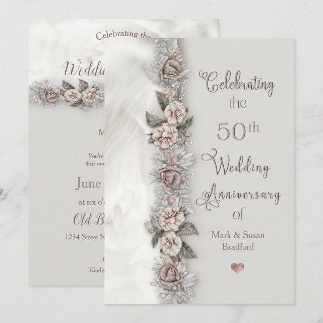50. Hochzeitstag Dreamy Floral Beige Rose Einladung (Vorne/Hinten)