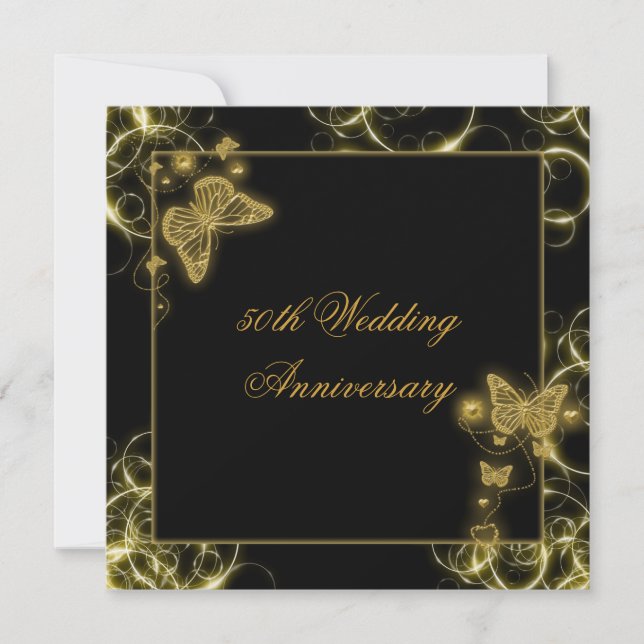 50. Hochzeitstag, elegantes Schmetterlingsgold Einladung (Vorderseite)