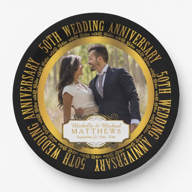 50. Hochzeitstag Foto Black | Goldton Pappteller (Vorderseite)