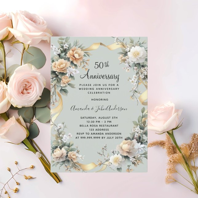 50. Hochzeitstag Gelbe Florale Gold Einladung (Von Creator hochgeladen)