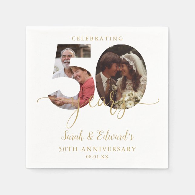 50. Hochzeitstag Gold 2 Foto Serviette (Vorderseite)
