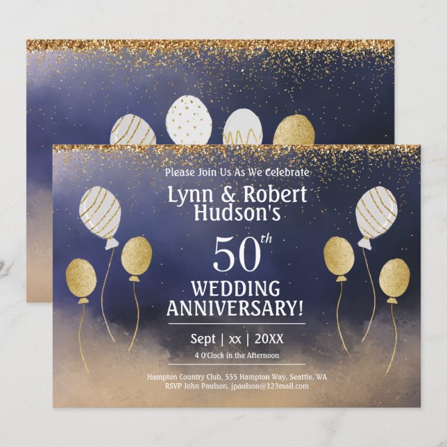 50. Hochzeitstag, Gold, Blau, Weiß Einladung (Vorne/Hinten)