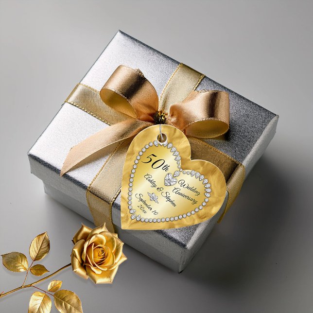 50. Hochzeitstag Gold Diamonds Foto Geschenkanhänger (50th Wedding Anniversary Gold Tone and Faux Diamonds Photo Favor Tags)