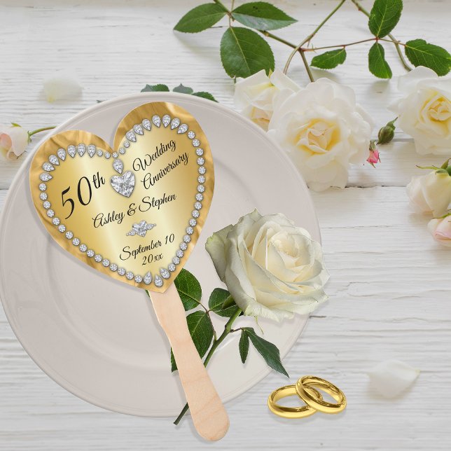50. Hochzeitstag Gold Diamonds - Sake Fächer (50th Wedding Anniversary Gold Tone and Faux Diamonds Hand Fan)
