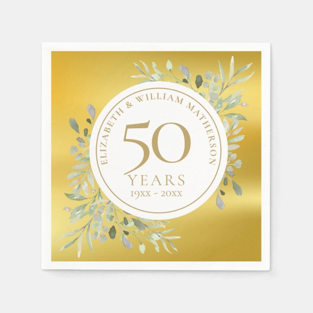 50. Hochzeitstag Gold Foil Greenery Serviette (Vorderseite)