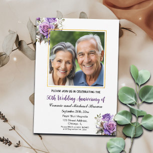 50. Hochzeitstag Gold Frame Lila Rose Einladung
