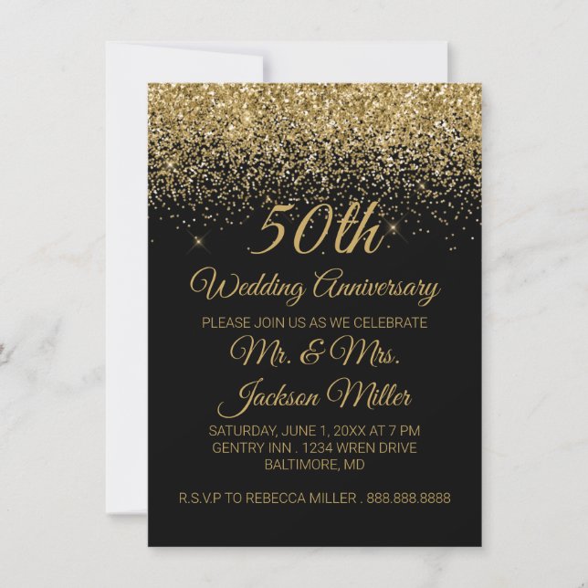 50. Hochzeitstag Gold Glitzer Einladung (Vorderseite)