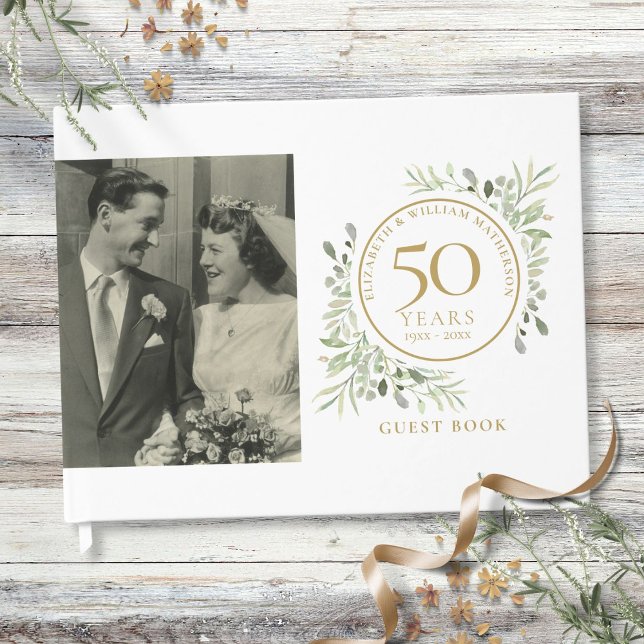 50. Hochzeitstag Gold Greenery Foto Gästebuch (50th Wedding Anniversary Gold Greenery Photo Guest Book)