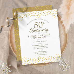 50. Hochzeitstag Gold Hearts Confetti Einladungspostkarte