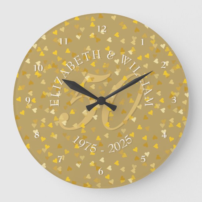 50. Hochzeitstag Gold Hearts Confetti Große Wanduhr (Vorderseite)