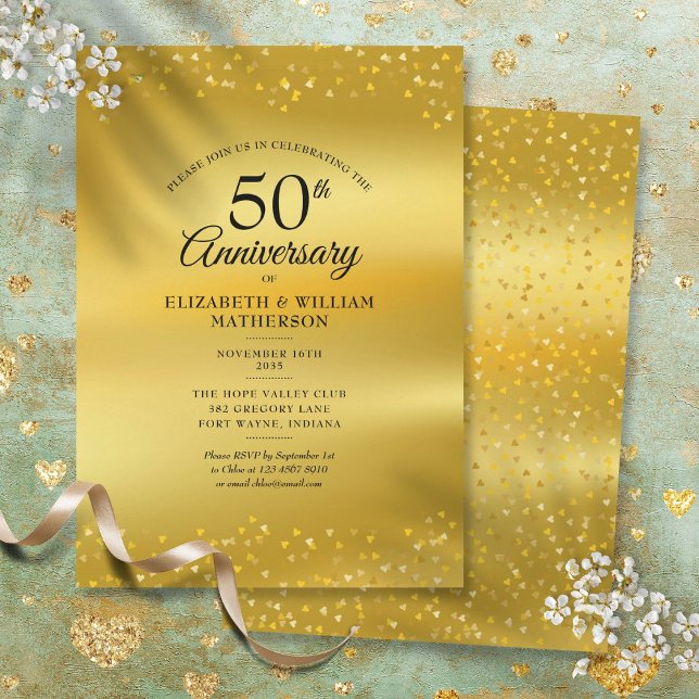 50. Hochzeitstag Gold Hearts Foil Einladung (50th Wedding Anniversary Gold Hearts Foil Invitation)