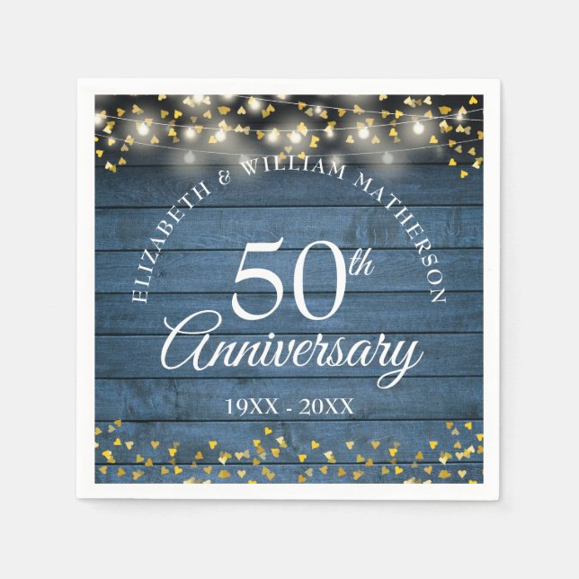 50. Hochzeitstag Gold Herz Blue Rustic Serviette (Vorderseite)