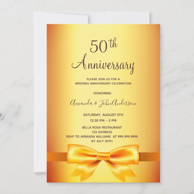 50. Hochzeitstag Gold metallische Schleife Einladung (Vorderseite)